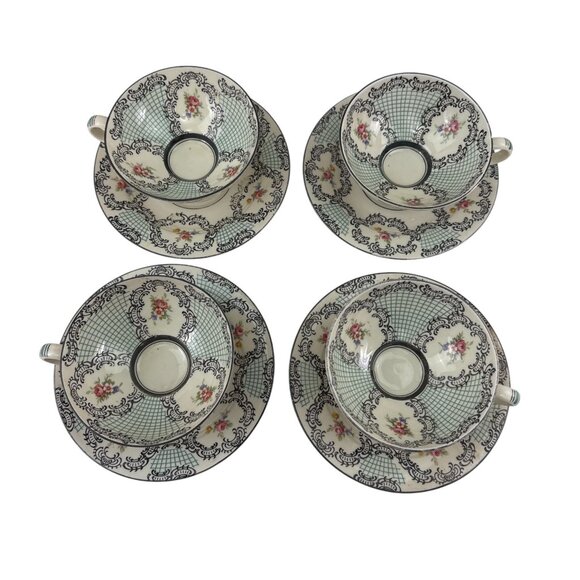 Vintage Empire Ware Tea Cups & Saucers Set of 4 Floral Black Lattice England - Picture 2 of 9